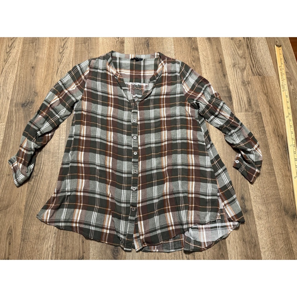 Annabelle Shirt Women's Medium Brown Green White Plaid Long Sleeve Button Up